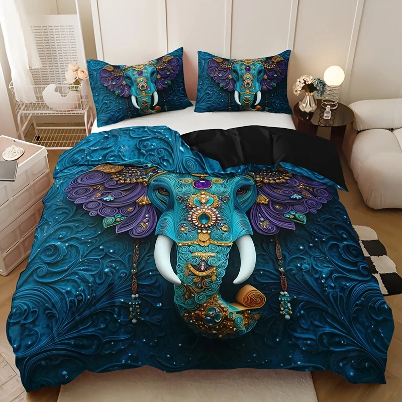 Retro Ethnic Style Elephant Print Quilt Cover Set with 2 Pillowcases High-Definition Tribal Pattern for All-Season Home Use