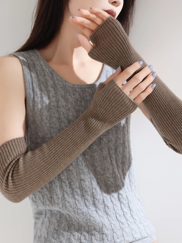 女性-100-カシミヤロングミトン-43-センチメートルファインニット指なし手袋ミット-y2k-サーマルグローブセミフィンガーオーバースリーブアームウォーマー