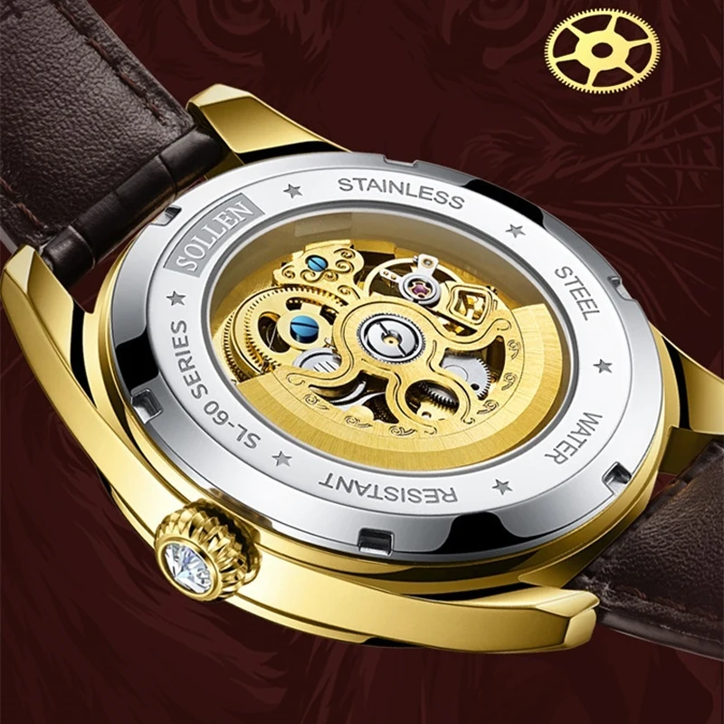 SOLLEN Orologio meccanico cavo di lusso di marca da uomo cinturino in pelle di moda impermeabile orologi automatici scheletrati in oro di fascia alta da uomo
