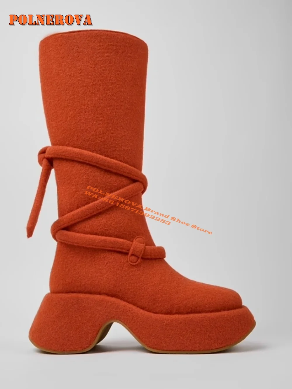

Orange Camper Edition Mid Calf Boots Round Toe Thick Sole Cross Tied Large Size Solid Fashion Knee High Boots Street Style 2024