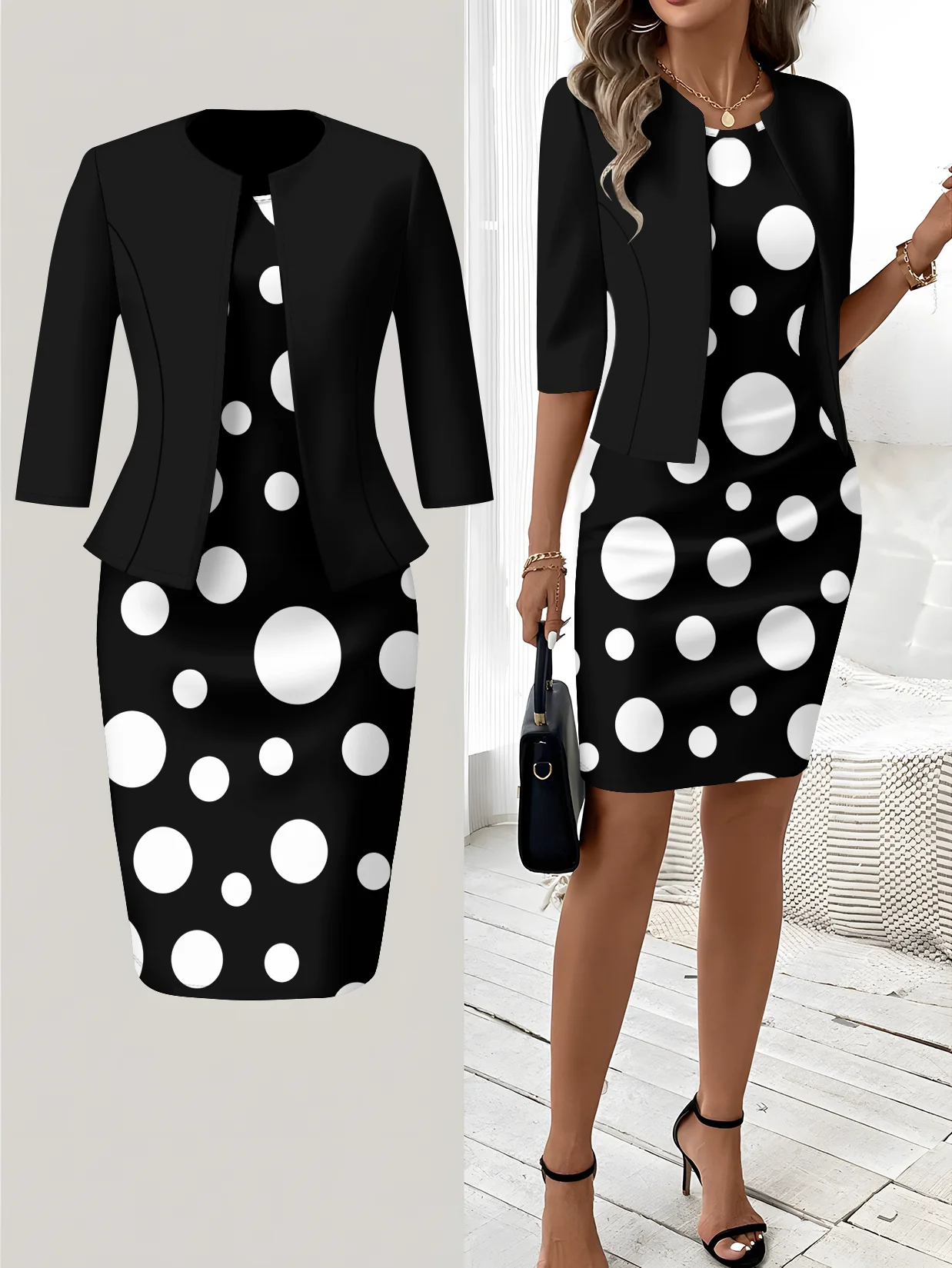 Printed Design Autumn and winter styles casual style Black And White Polka Dots crew neck dress suit
