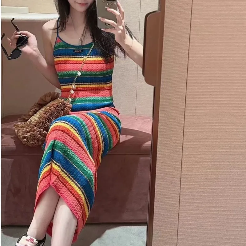 

Seaside holiday style knitted dress summer color contrast stripes thin long strap dress