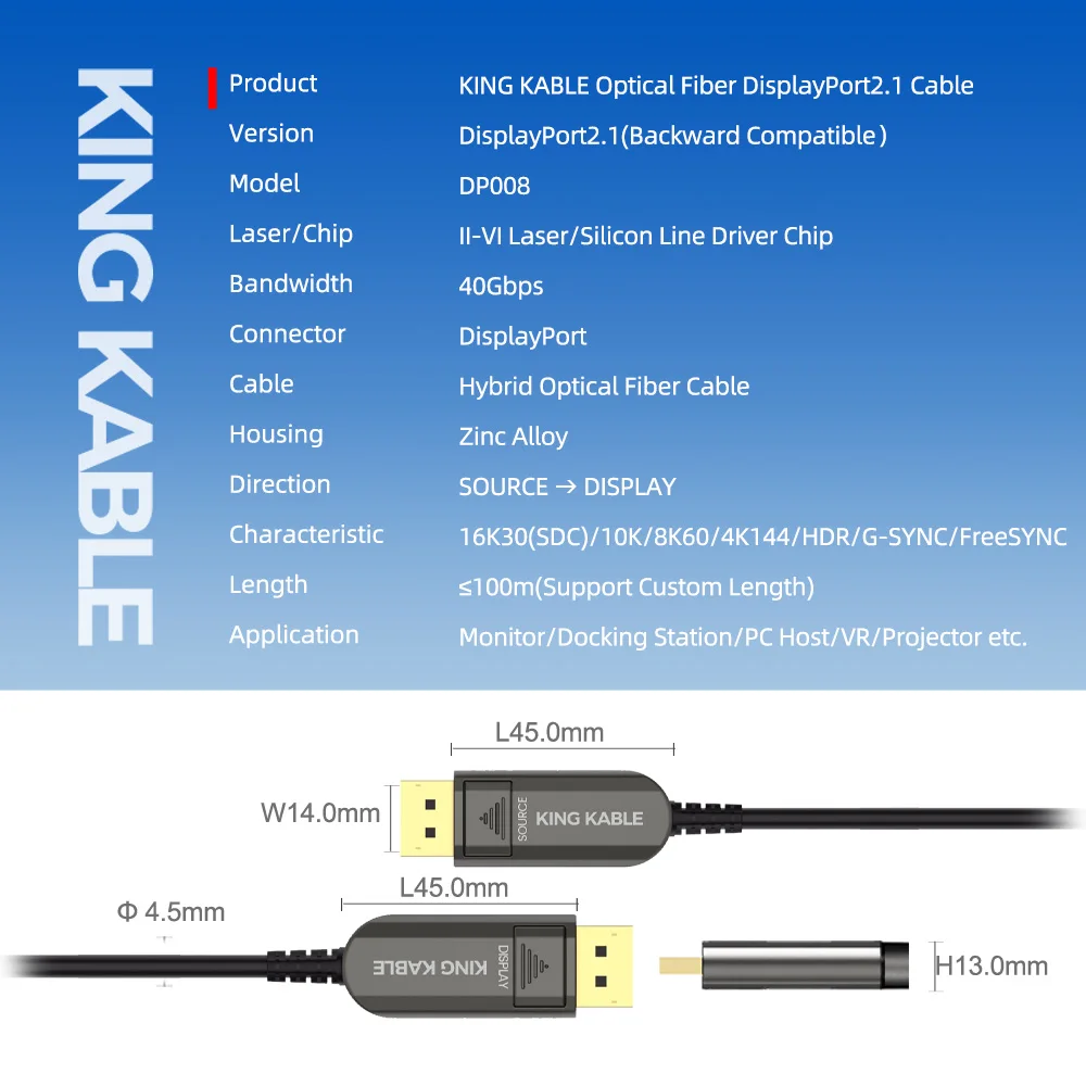 Imagem -06 - Cabo Displayport2.1 de Fibra Óptica Ativa King Kable 40gbps Dp40 Dp2.1 Dp2.0 10k 8k60 4k144 2k240 pc Monitor Matrix Cord 10m 30m