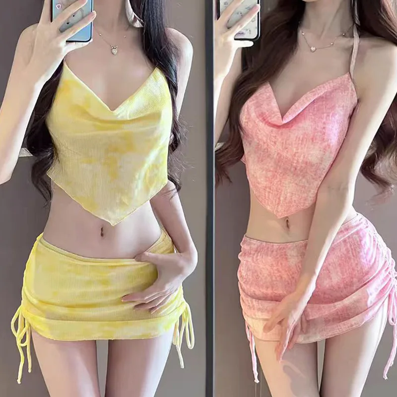 sexy Korean fashion tie dye print halter tie bikini sets 3pcs swimsuit with drawstring wrinkled mini skirt swimwear bathing suit