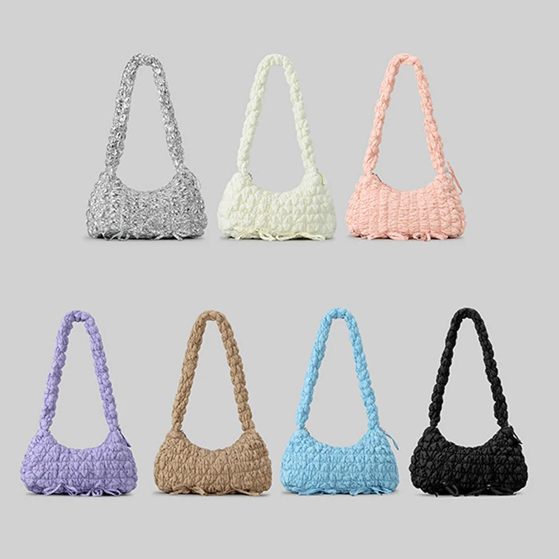 Fashion Ruched Quilted Women Shoulder Bags Cute Bow Padded Crossbody Bag Casual Large Capacity Hobos Bag Soft Nylon Puffer Sac