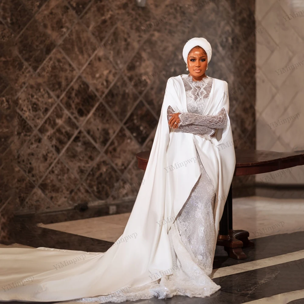 

African Lace Wedding Dresses With Cape Full Sleeve Mermaid Applique O-Neck Ivory Elegant Long Bride Gowns For Women Customized