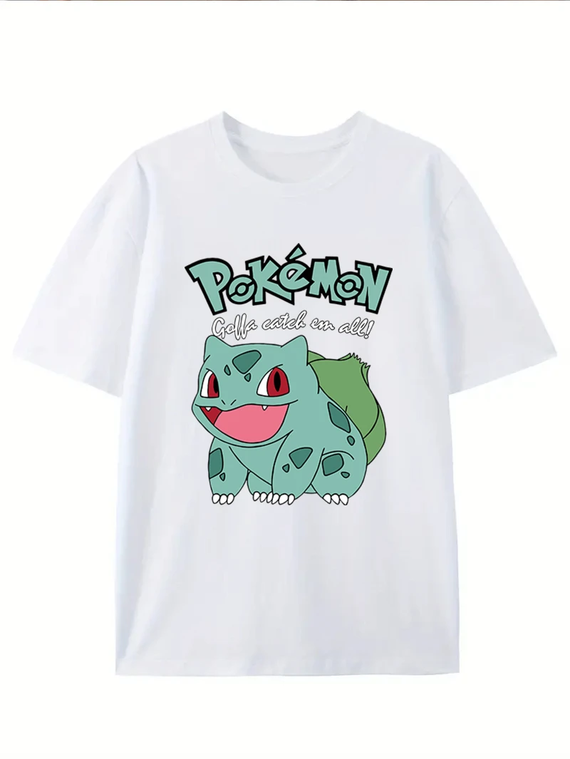 Clássico pokemon bulbasaur manga curta camiseta senhoras casual topo casual feminino moda esportes solto verão tripulação pescoço