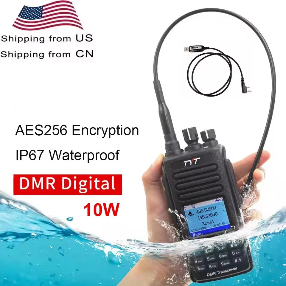 TYT MD-UV390plus DMR Digital Walkie Talkie IP67 Waterproof AES256 Encryption Dual Band 10W UV Transceiver + USB Cable
