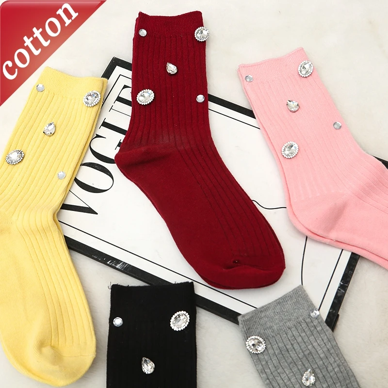 Women's Socks Korean Retro Cool Comfortable High-quality Cotton Socks For Girl Wholesale Sweet Rhinestone Simple Versatile Shiny