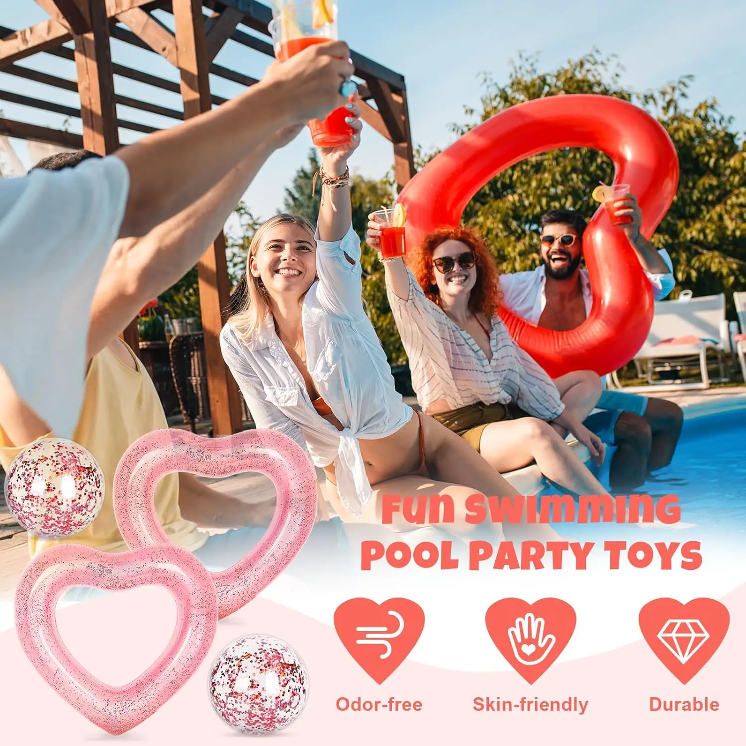 4 pezzi galleggiante gonfiabile per piscina a forma di cuore con pallina da spiaggia glitter all'interno in oro rosa anelli per piscina a forma di cuore galleggianti lettini tubo per S