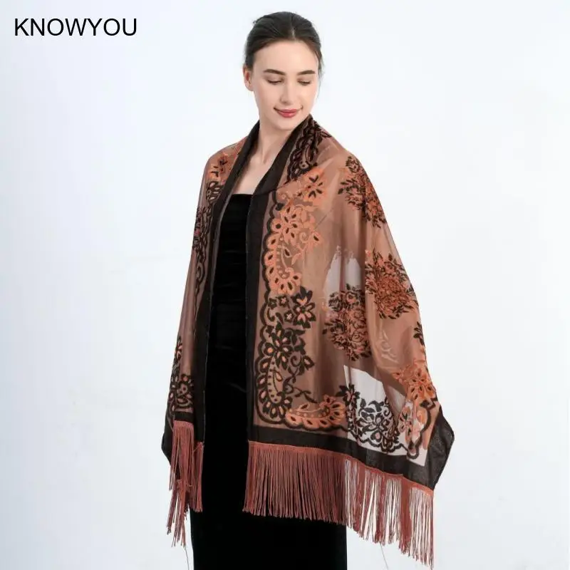 New Luxury Velour Jacquard Pashmina Lady Elegant Evening Party Shawl Beach Cover Ups Ponchos Tassels Cape Qipao Echarpes