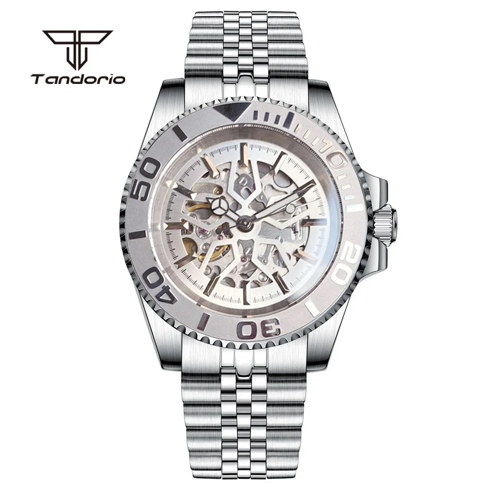 Tandorio Hollow Dial NH70 Movt Skeleton 40mm Dive Automatic Watch for Men Sapphire 120 Clicks Bezel Stainless Steel Wristwatch