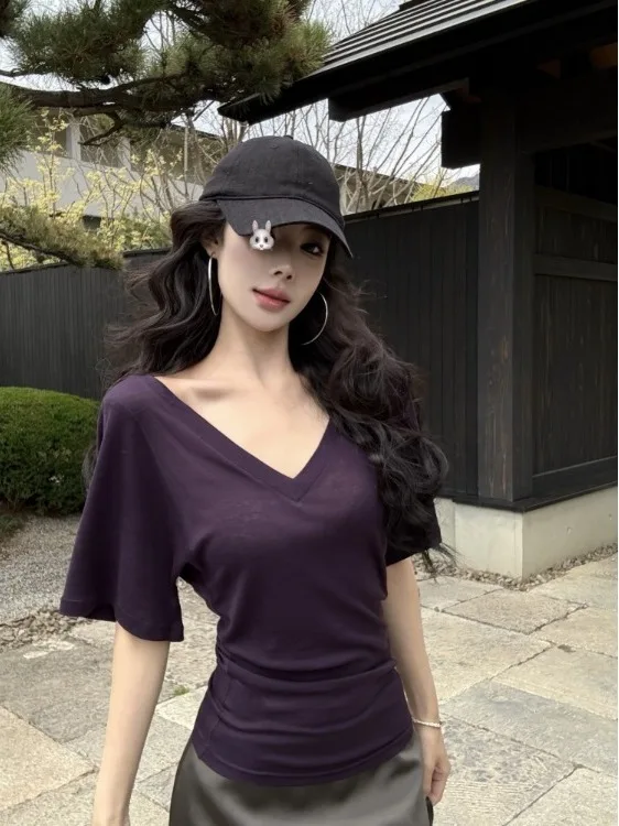 Afslanken Pure Kleur T-shirt Dames V-Ne Ort Sve Losse Taille-Knijpen Zomer Koreaanse Sle Veelzijdige Ademende Top