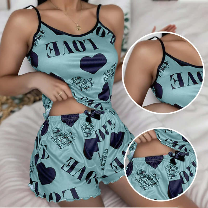 Summer Women\'s Casual Printed Letter Camisole Vest Short Sleeved Shorts Set, Plus Size Casual Pajama Set