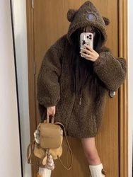 Cartoon Cute Coats Lamb Wool Bear Ear Solid Color Zipper Casual Loose Warm Thicke Jackets Preppy Style Y2k Women's Clothing 2024