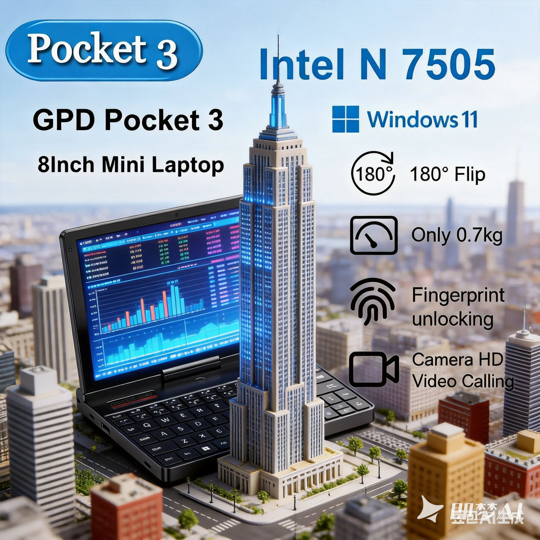 

Ready Stock GPD Pocket 3 Modular Laptop, 8Inch Intel Gold 7505, 16GB 512GB SSD, Handheld Windows 11 Notebook