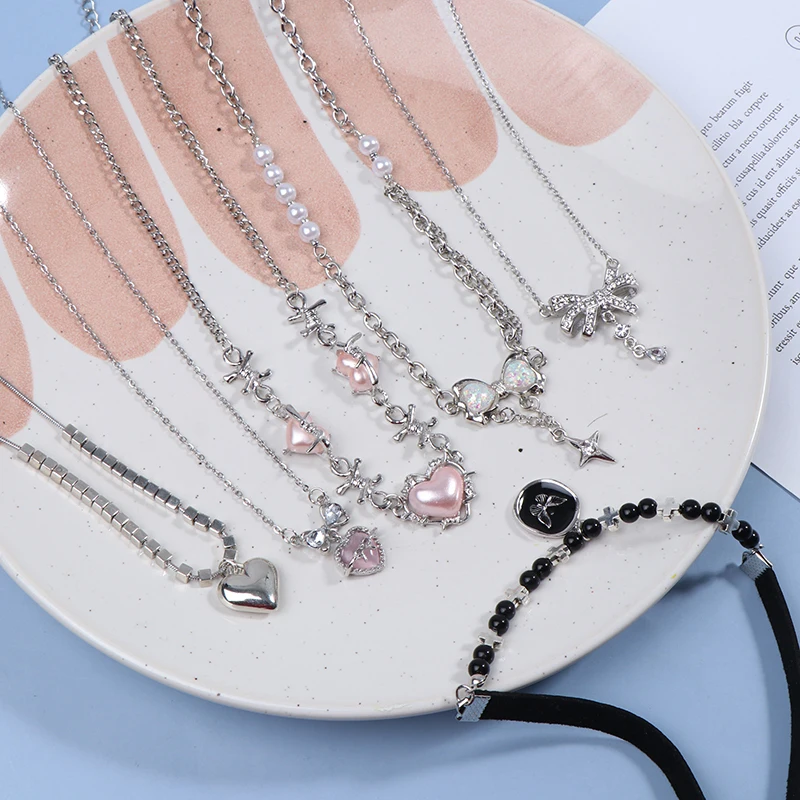 Goth Vintage Aesthetic Butterfly Heart Pearl Beaded Cross Chain Choker Necklace For Women Jewelry Accessories