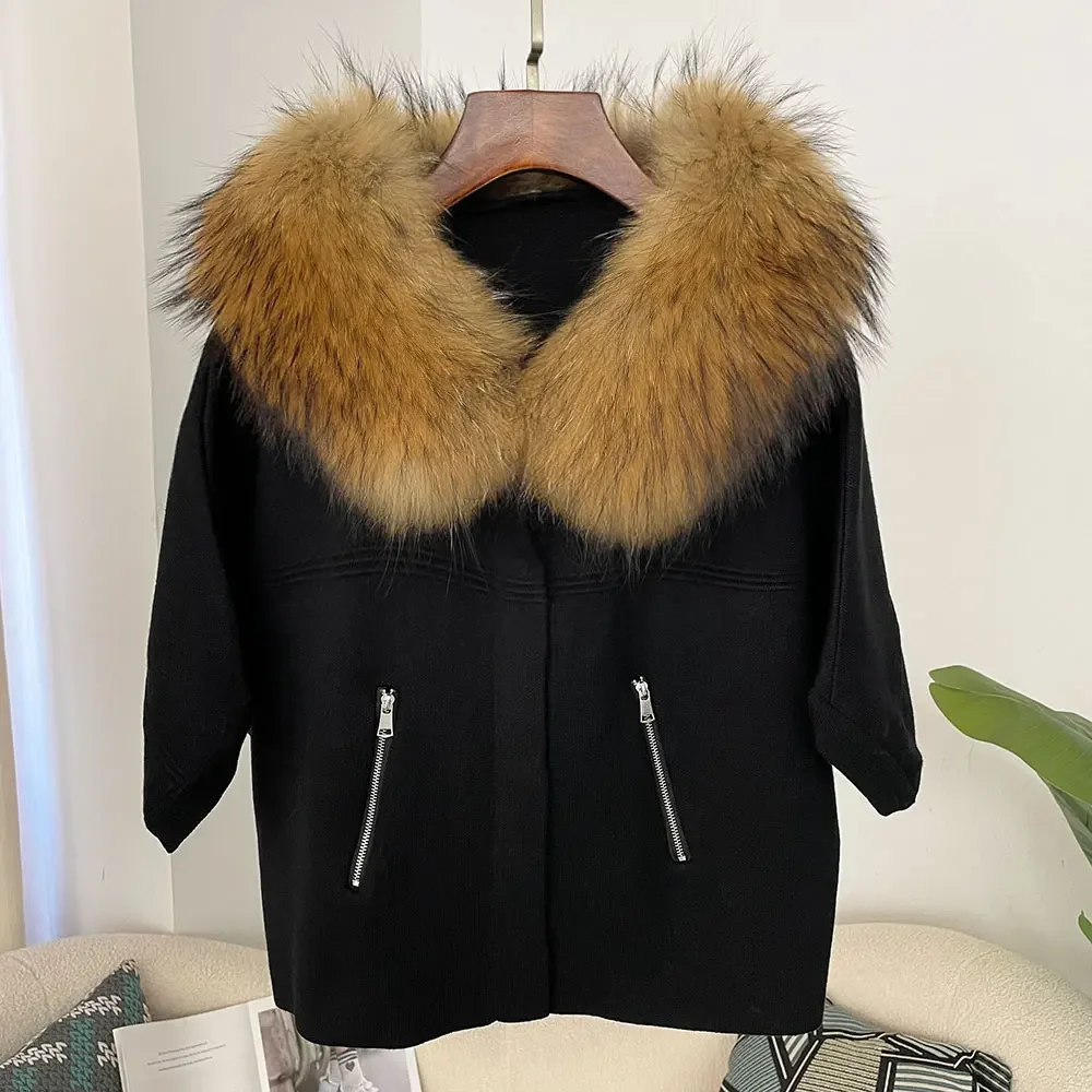OFTBUY Herbst-Oberbekleidung für Damen, Kurze Batwing-Strickjacke mit Echtfuchs-Pelzkragen und -Manschetten, Kurzer Strickmantel für Damen – Detail 16