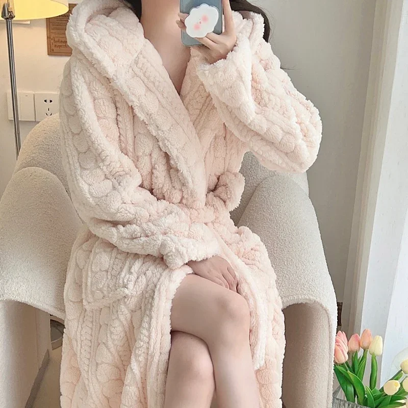 Nightgown Women\'s Autumn Winter Coral Fleece Robe Nightwear Long Plush Thickened Sweet Bathrobe Warm Flannel Home Wear Sleepwear