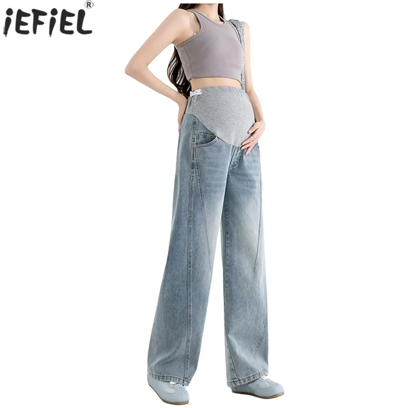 Maternity Jeans Adjustable High Waist Over-The-Belly Wide-Leg Denim Pants Spring Fall Pregnant Women Clothes for Casual Outing