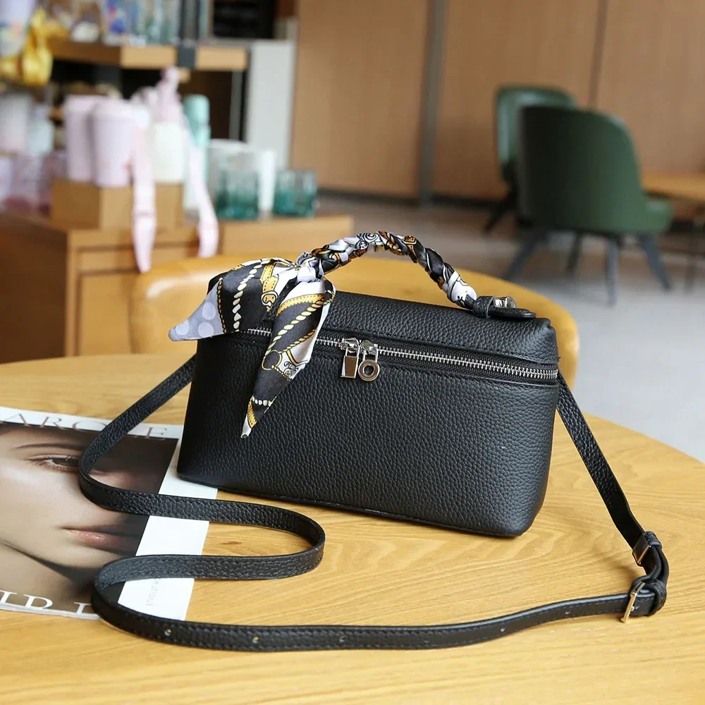 

Small Cowhide Square Bag Genuine Leather Pocket Pouch With Scarf Two-way Zip Shoulder Bags Purse Designer Handbag Crossbody Bag