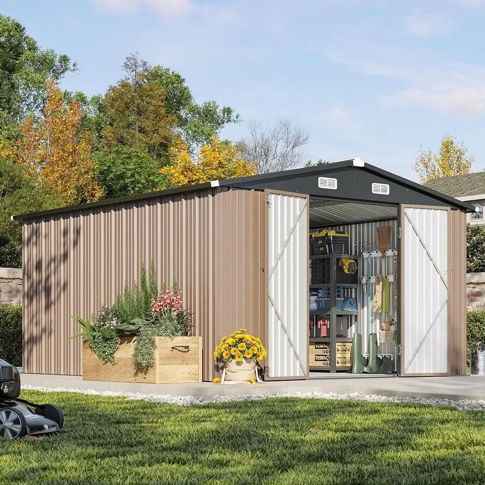 

12ft x 10ft Metal Outdoor Storage Shed with Double Door, Lockable & Sloped Roof for Garden Use