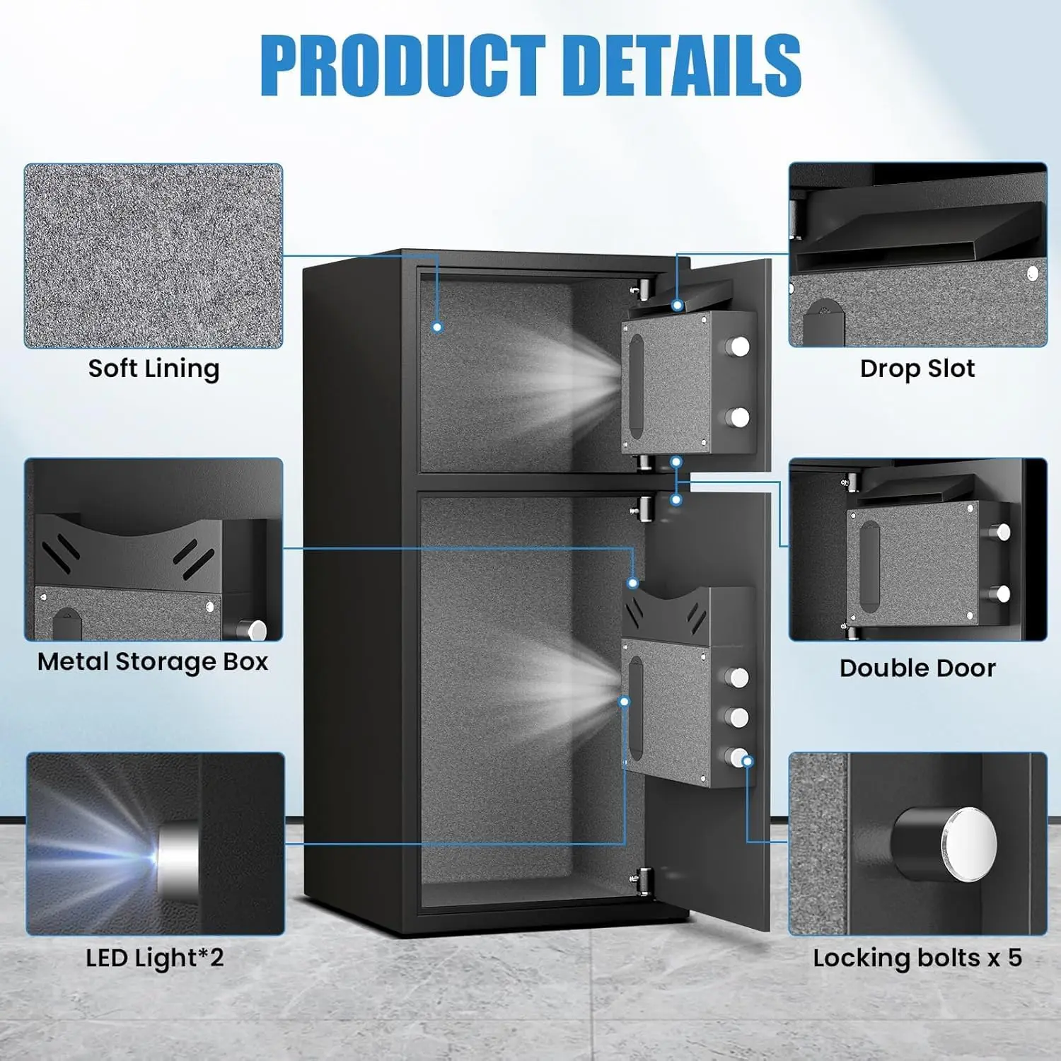 7.0 Cu ft Safe Box Fireproof Waterproof,with LED Light fire proof safe for home documents,password personal Fingerprint Safe wit