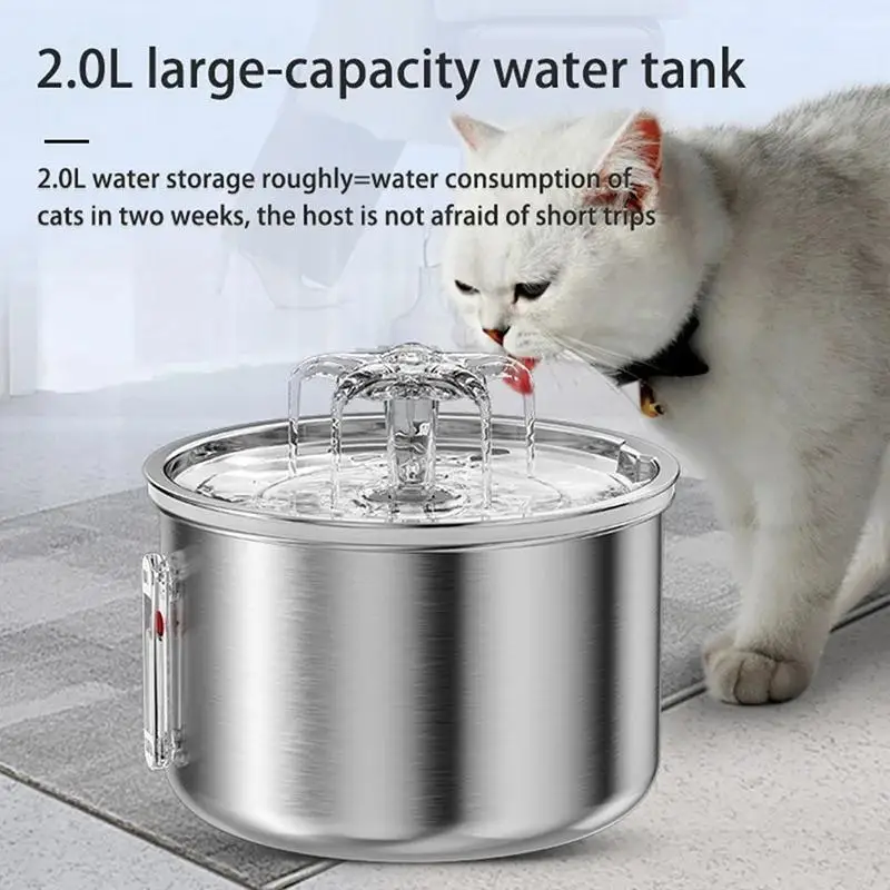 Pet Water Dispenser Cat Fountain Water Dispenser 2L Stainless Steel Automatic Drinker Dog Drinking Bowl USB Powered Pet Supplies