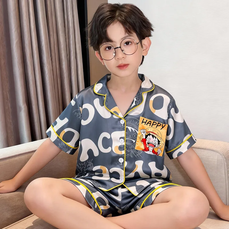 Anime One Piece Luffy Cartoon Child Pjs Set Ice Silk Sleepwear Boys Summer Thin Short Sleeve Set Air-Conditioned Home Clothes