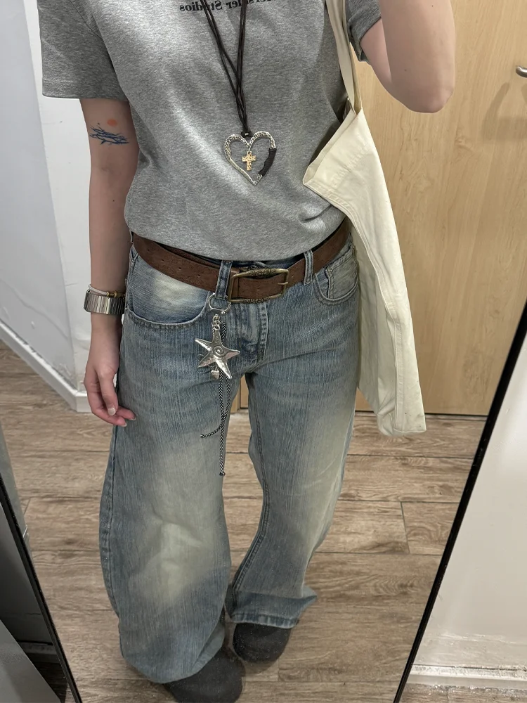 

plus Size American Casual Lazy Retro Knife Jeans Women Design Loose Slimming High Waist Wide Leg Floor Length Pants
