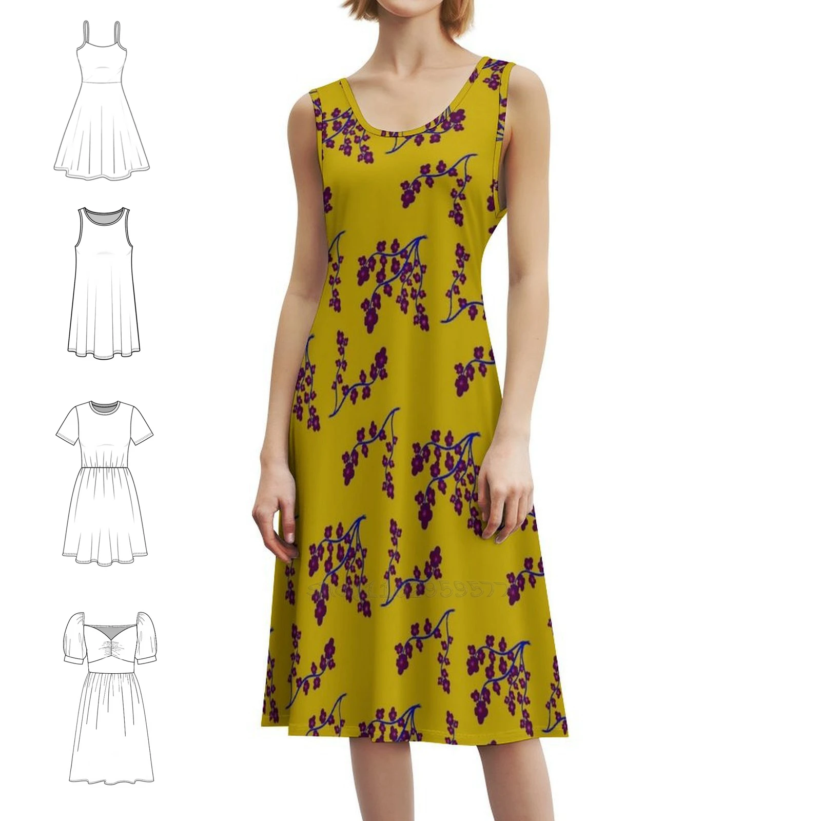 

Brushed Gold Blue And Purple Flowers Seamless Pattern Bohemian Sleeveless Dress For Women Print Beach Party Dresses Gold Bronze
