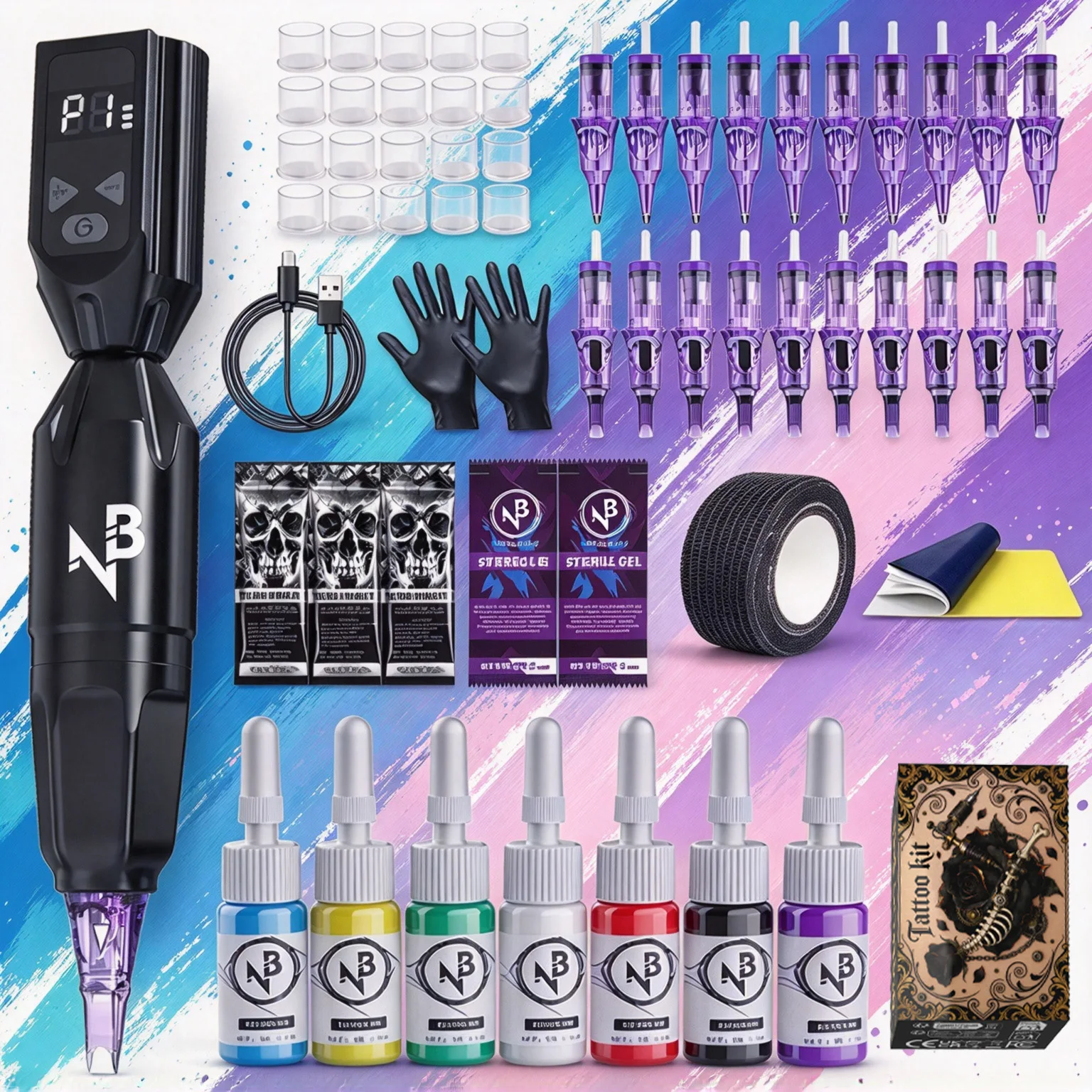 Tattoo Pen Kit with 1100Mah Tattoo Power Supply, 20Pcs Tattoo Cartridge Needles, 7 Colors Tattoo Pigment Inks & Various Auxiliary Tools, Tattoo Supplies for Beginners