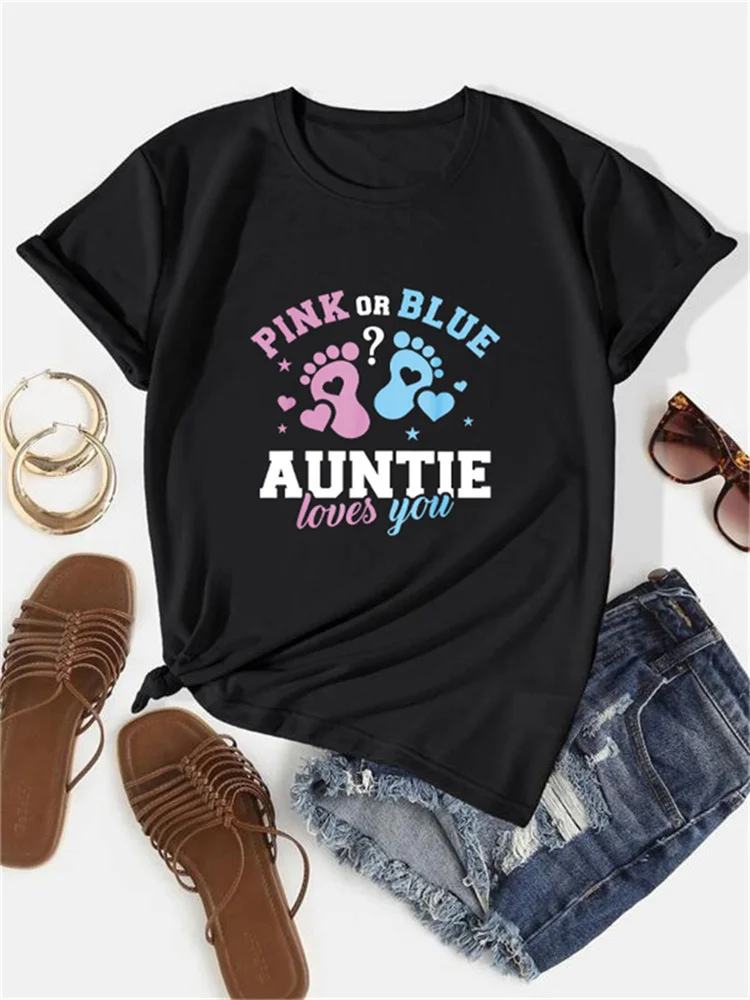 2024 New He Or She Auntie Loves You Baby Gender Reveal Party T-Shirt Round Neck Casual Comfortable Top