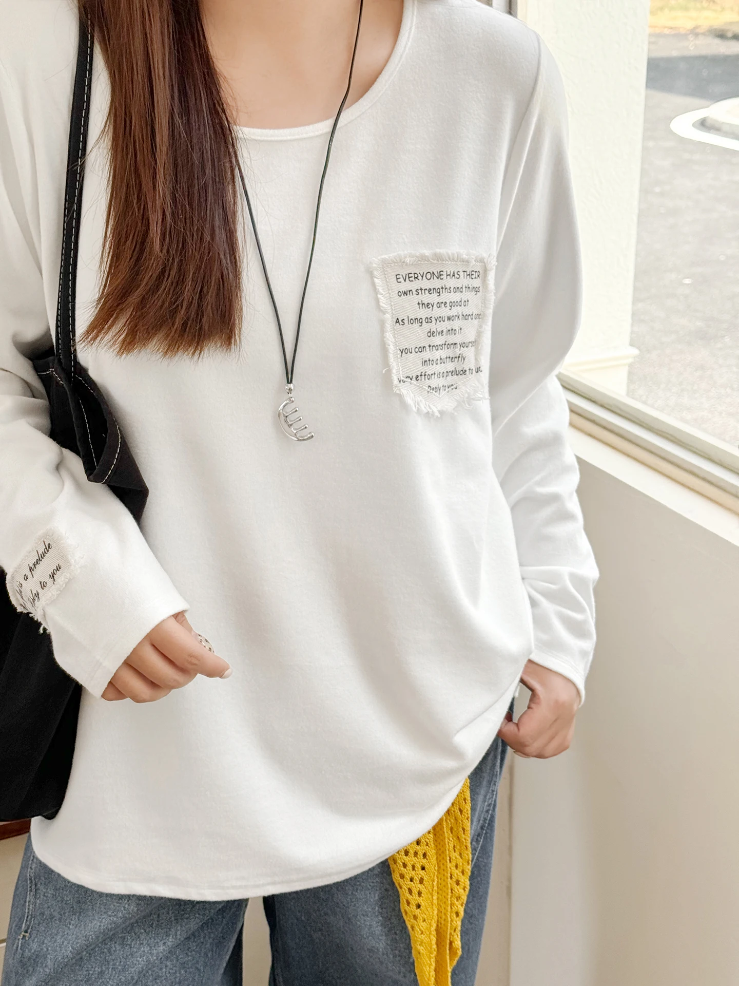 

Loose Fit Knitted Long Sve round Ne Brued Fini ket Splicing T-irt for plus Size Women Casual Sle Spring Wear