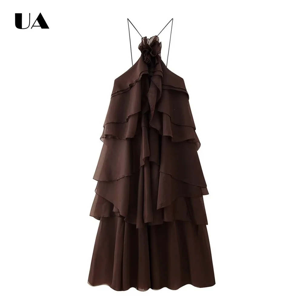 

Hotsweet 3D Flower Backless Midi Dress with Spaghetti Strap, Trendy Solid Long Dress for Woman, Fashionable Tiered Ruffled Dress