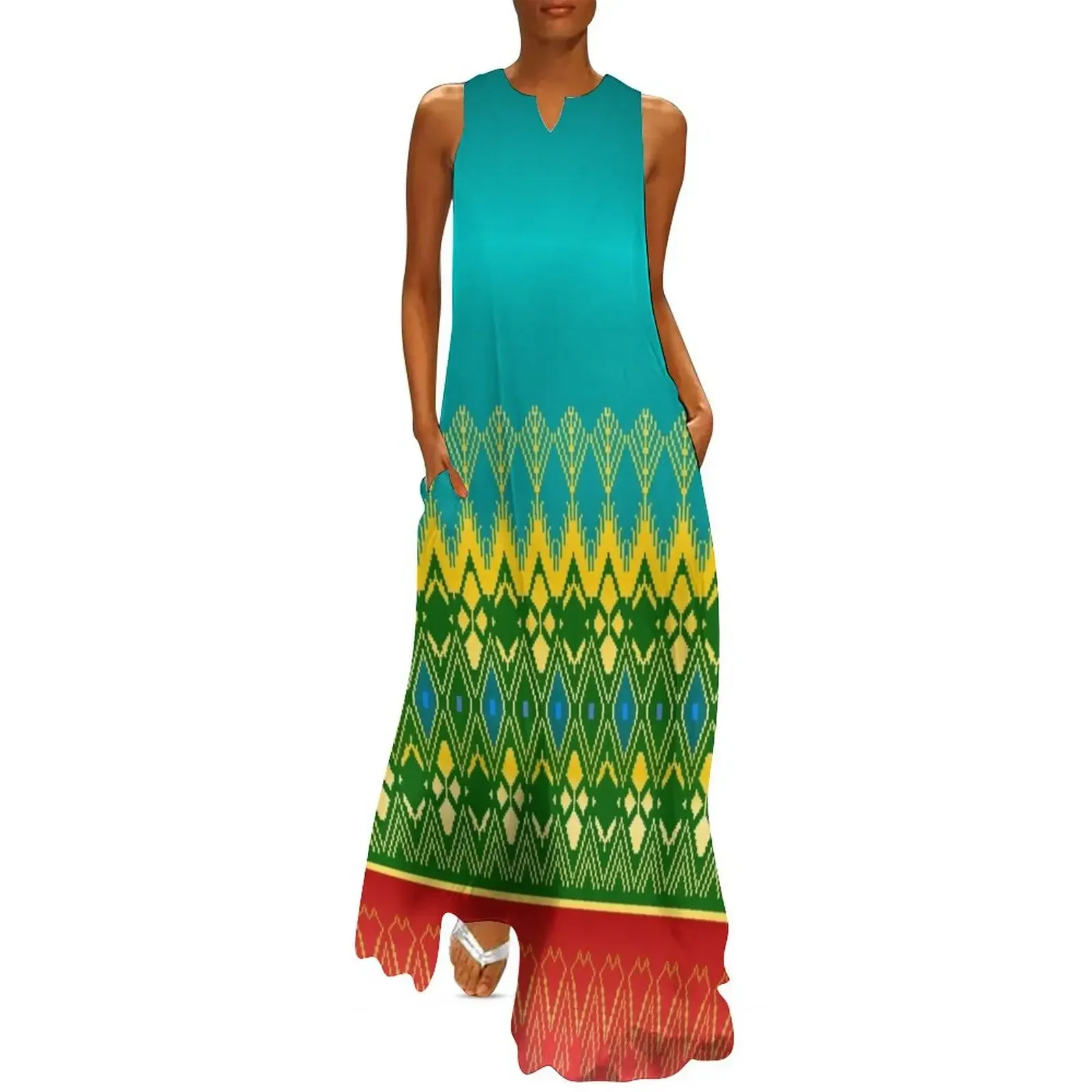 

Thai Silk Teal Rose Thai Silk Design Teal Rose Gold Geometric Pattern Long Dress summer dresses prom dresses 2025 Dress