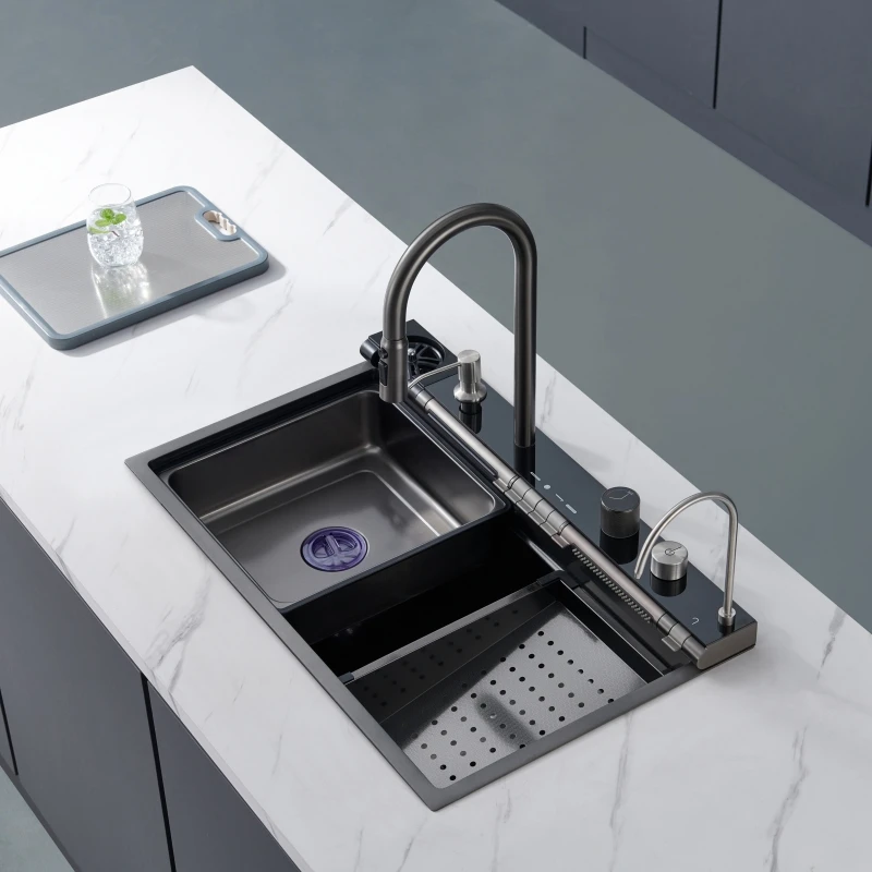 Waterfall Kitchen Sinks Combo 304 Stainless Steel Nano Sink With Multifunctional Fahrenheit Digital Display Pull-Out Faucet