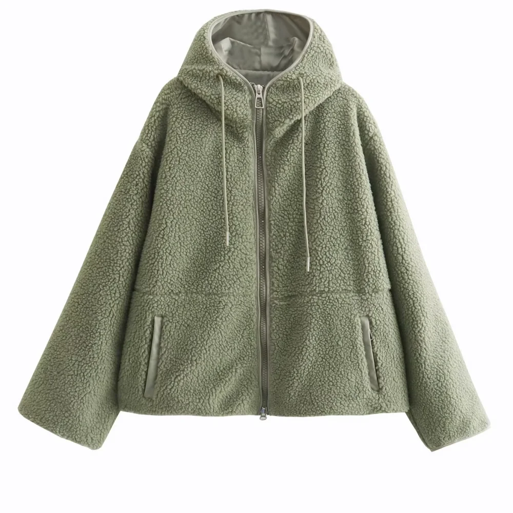 

Женская плюшевая свободная куртка с капюшоном на тонкой молнии из овечьей шерсти, осенне-зимняя новая теплая куртка
