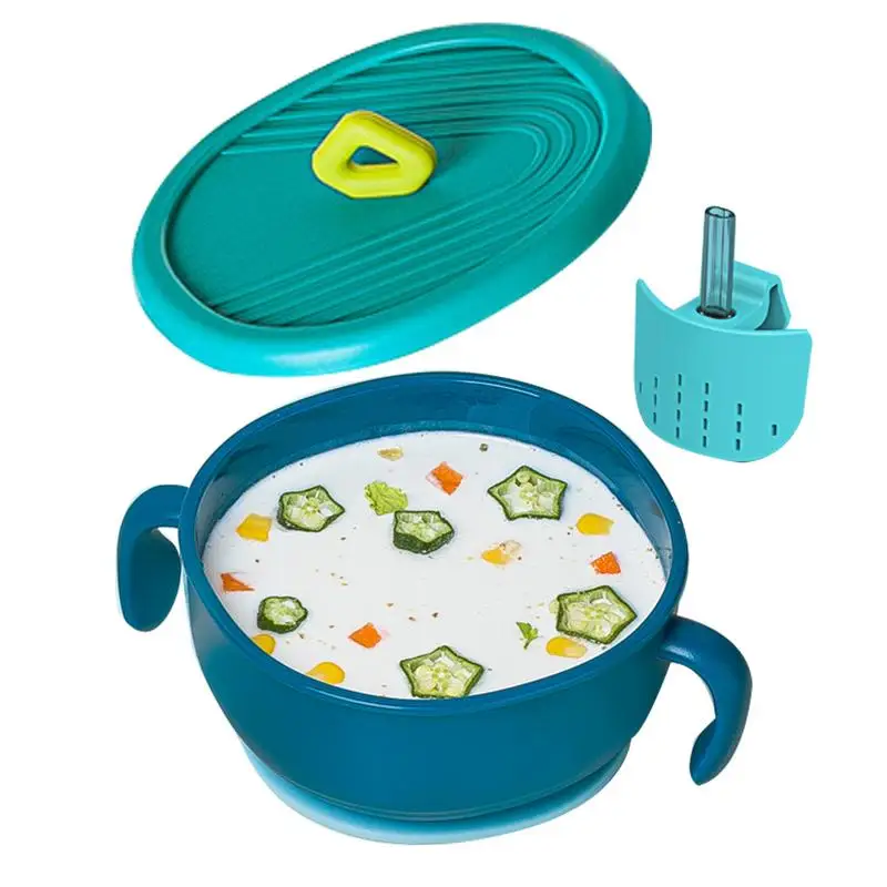 Suction Bowls For Toddlers Baby Self Feeding Plates With Lid Multifunctional Baby Snack Bowl With Lid Straw And Ergonomic Handle