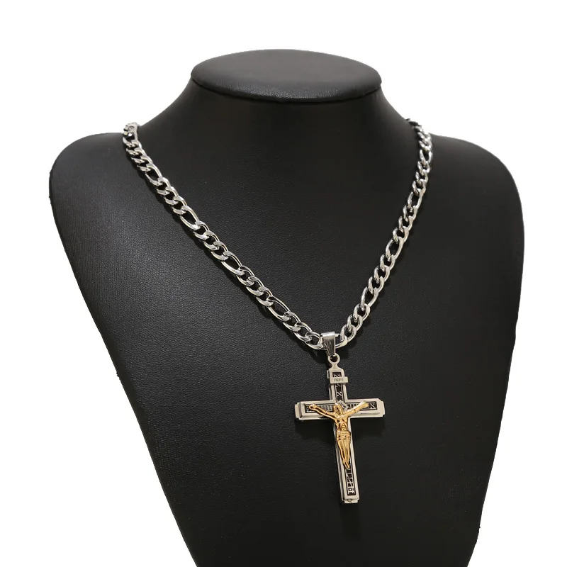 Stainless Steel Religious Crucifix Jesus Cross Necklace Pendant Multilayer Jesus Christ Crucifix Necklaces with 24\'\' Chain