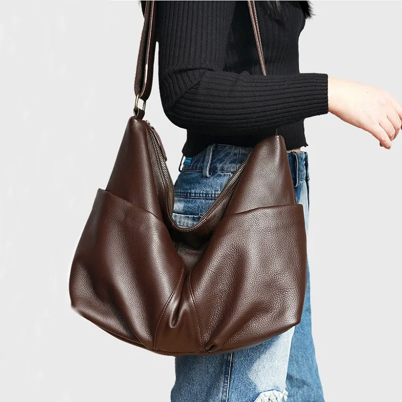 Luxury Women Soft Cowhide Large Crossbody Bag Casual Tote Multi Pockets Wide Strap Slouchy Handbag Lady Real Skin Shoulder Purse