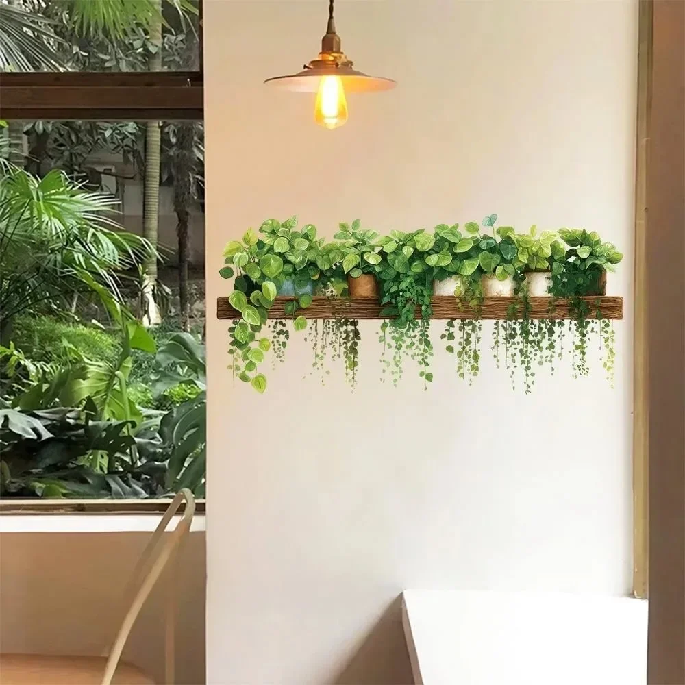 Green Trailing Ivy Plant Wall Stickers Wooden Shelf Artificial Vine Leaves Wall Decals Self Adhesive Mural for Room Home Decor