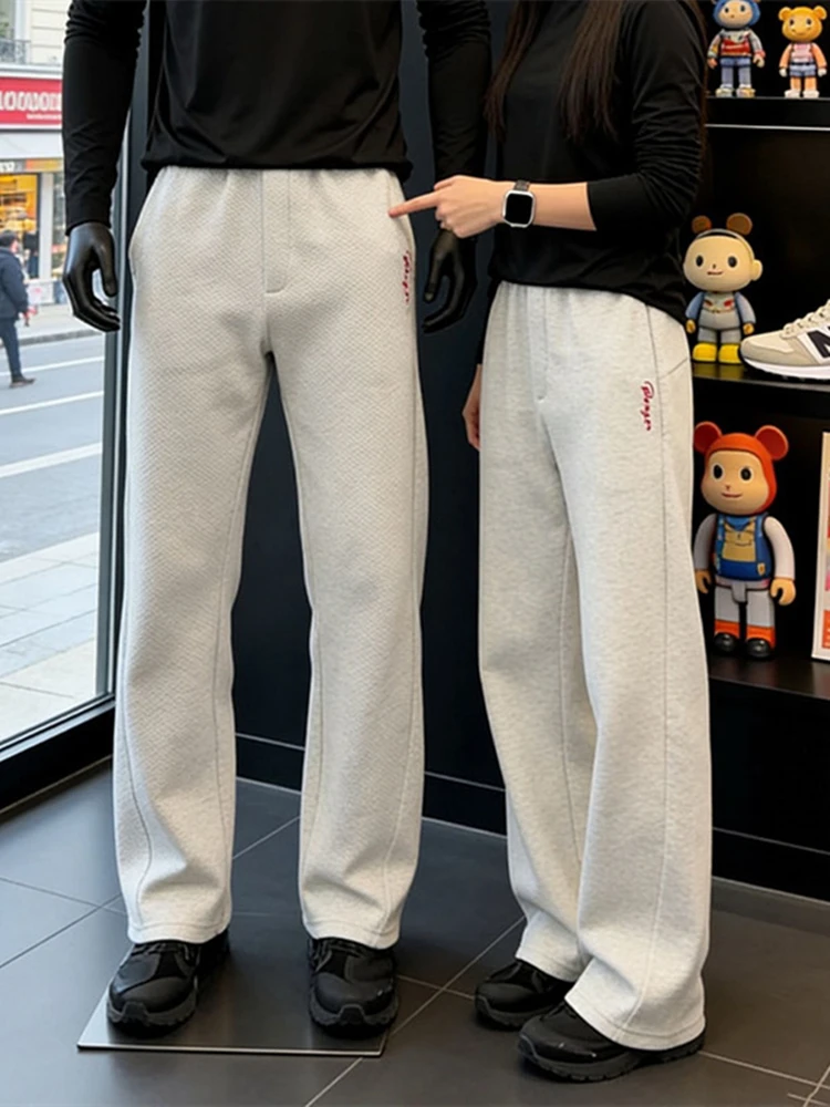 

Light Grey Red Label Embroidered Casual Sports Pants for Men Loose Straight Leg Spring High Street Style Leisure Trousers