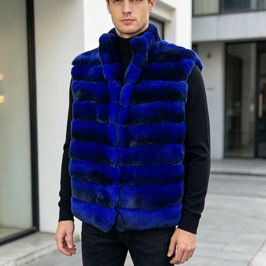 

Real Rex Rabbit Fur Vest With Stand Collar Natural Fur Jacket For Men Genuine Fur Waistcoat New Chinchilla Fur Coat