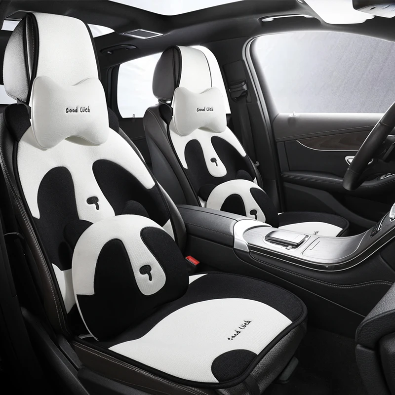

Breathable Linen Car Seat Covers Funny 3D Panda Comfortable Easy Install for SUV Truck Sedan