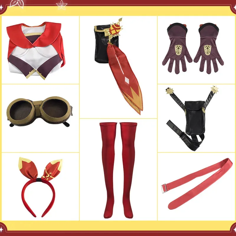 Aboutcos Genshin Impact Amber أزياء تنكرية بذلة ملابس الهالوين كرنفال البدلة ملابس شعر مستعار إكسسوارات أحذية كوسبلاي