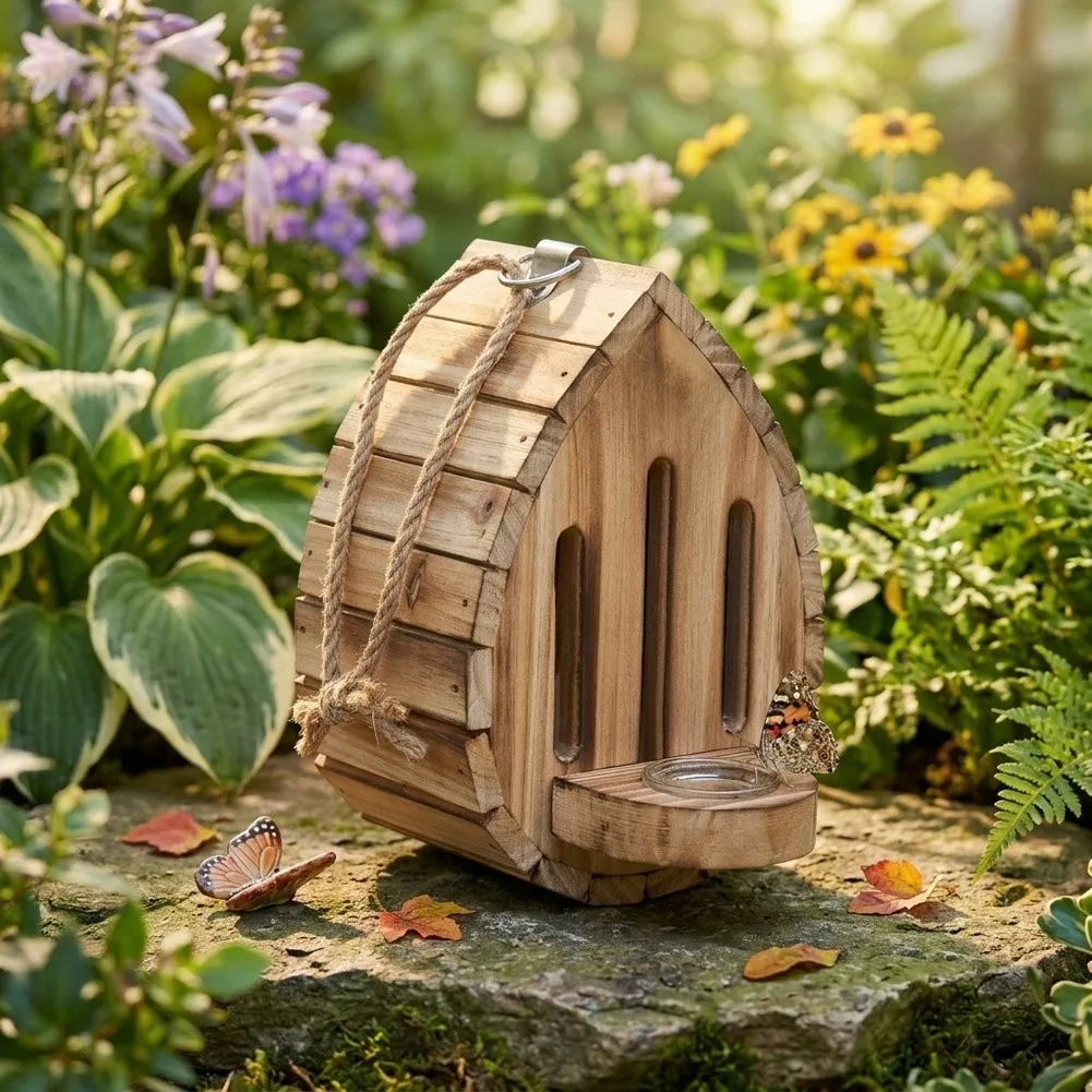 Teardrop Wooden Butterfly House Feeder Natural Wall Mounted Shelter For Garden Pollinator Habitat Outdoor Decoration