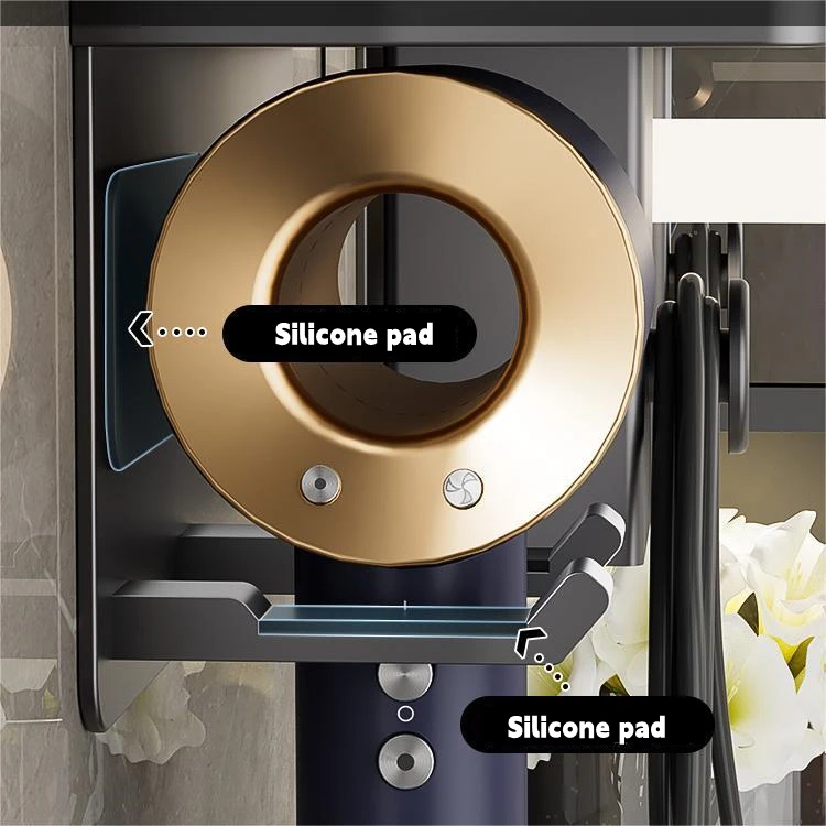 أسود مجفف الشعر المنظم الرف ، حامل مجفف شعر الحمام ، رفوف مشط الحائط ، اكسسوارات منفاخ #3