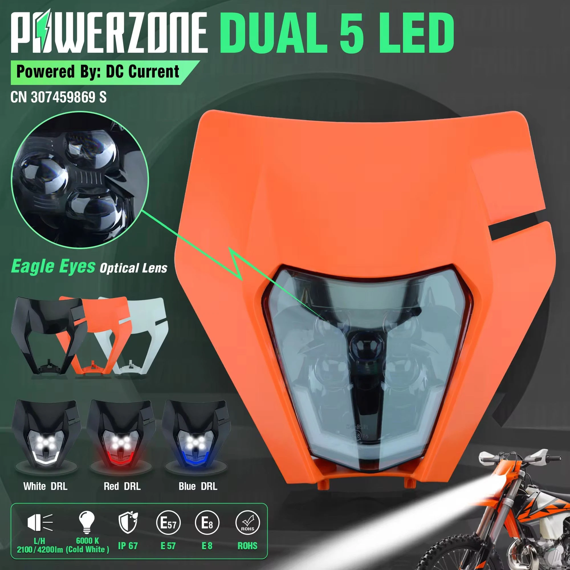 

PowerZone Motorcycle LED Headlight Headlamp Head Light Supermoto Fairing For KTM EXC SXF MX Dirt Bike Enduro LED Headlight