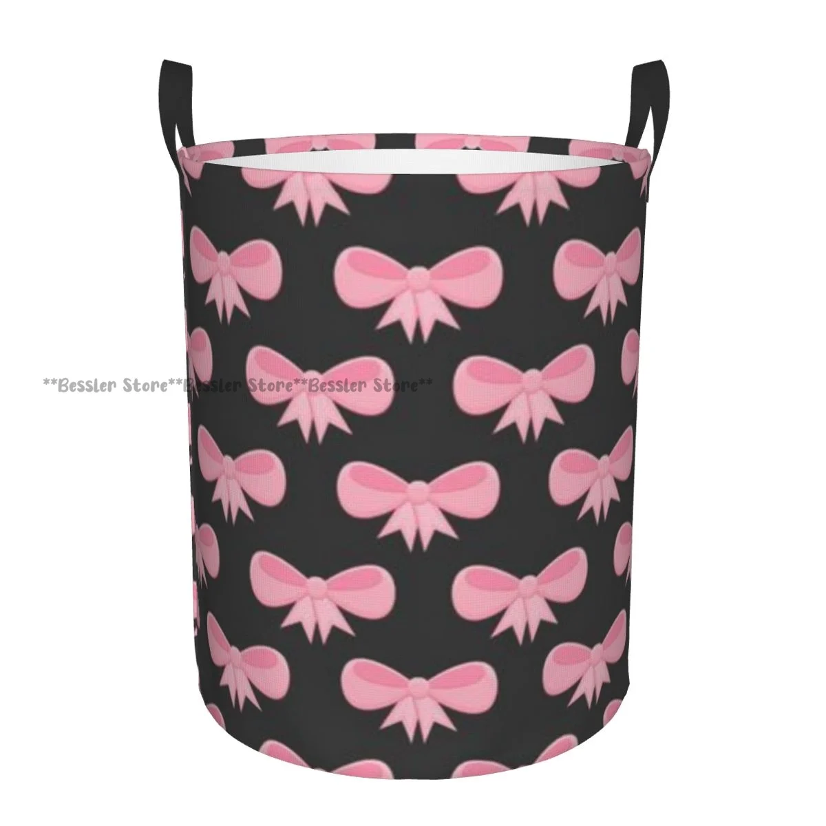 

Laundry Basket Pink Bows Ribbons Round Storage Bin Collapsible Hamper Clothes Bucket Organizer